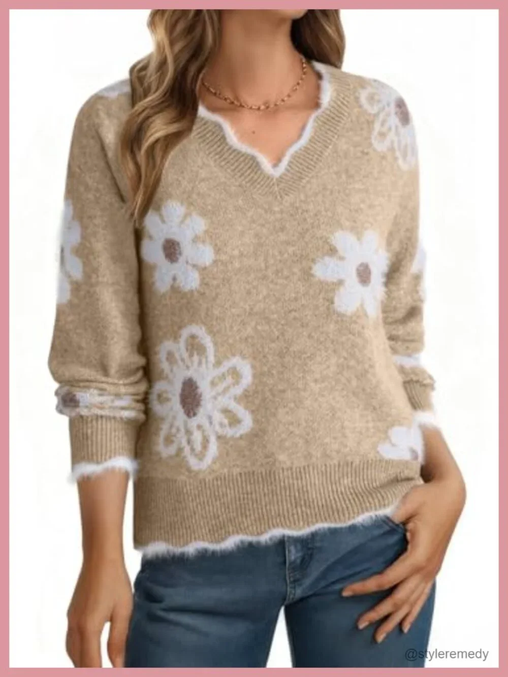 Women's Fuzzy Pullover Sweater V-Neck Long Sleeve Floral Print Cozy Knit Top